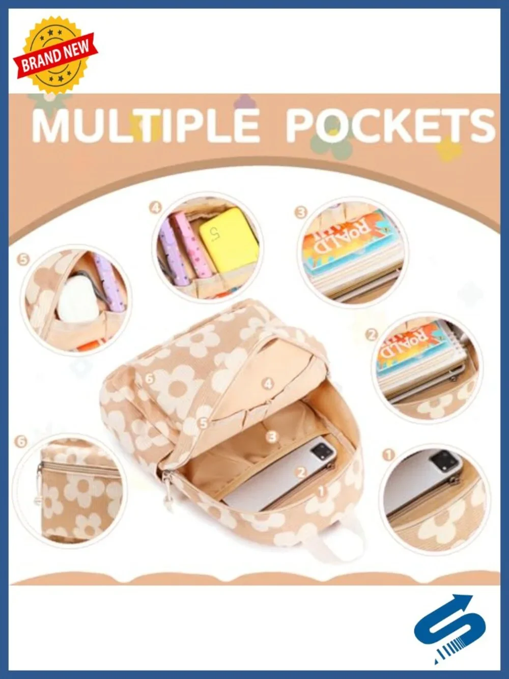 Mini Corduroy Floral Backpack Purse for Girls Women School Bookbag